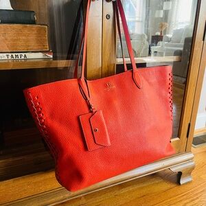 Henri BENDEL Orange Coral Leather Noho Novelty Gusset Large Braided Work Bag